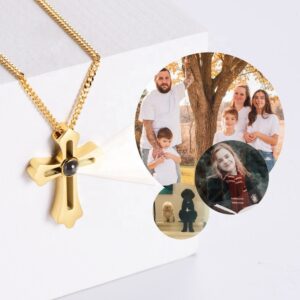 Big Cross Custom Photo Necklace Gold