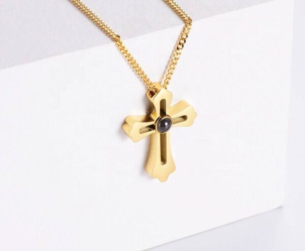 Big Cross Custom Photo Necklace Gold