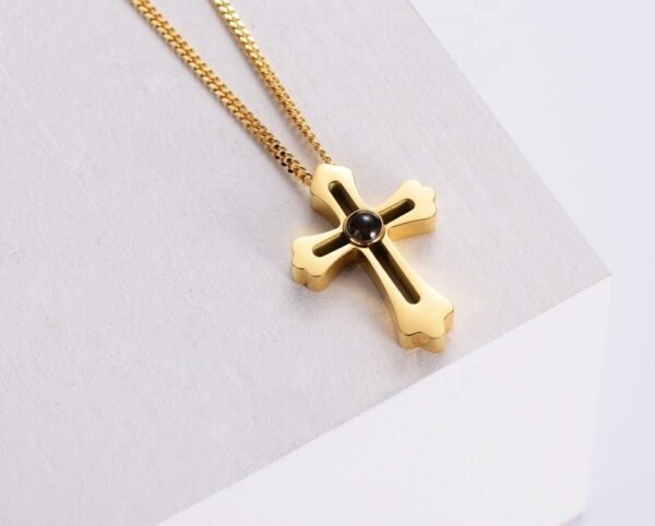 Big Cross Custom Photo Necklace Gold